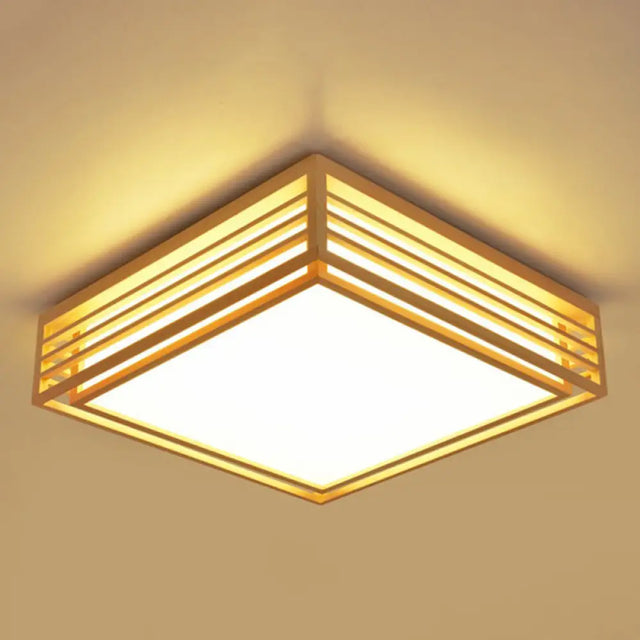 Sleek Beige Led Flush-Mount Wood Square Ceiling Light