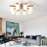 Sleek Beige Semi Mount Light Fixture With Cylinder Cream Glass Shade And Wooden Canopy 8 / Wood
