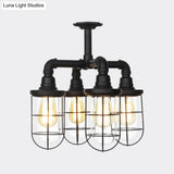 Sleek Black 3/4-Light Semi Mount Industrial Clear Glass Cage Lamp Fixture