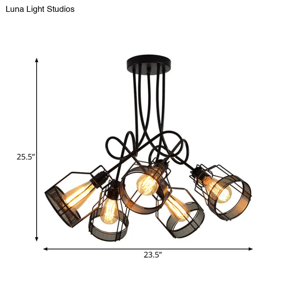 Sleek Black 5-Head Semi Flush Mount Industrial Iron Chandelier With Cluster-Bottle Frame Ceiling