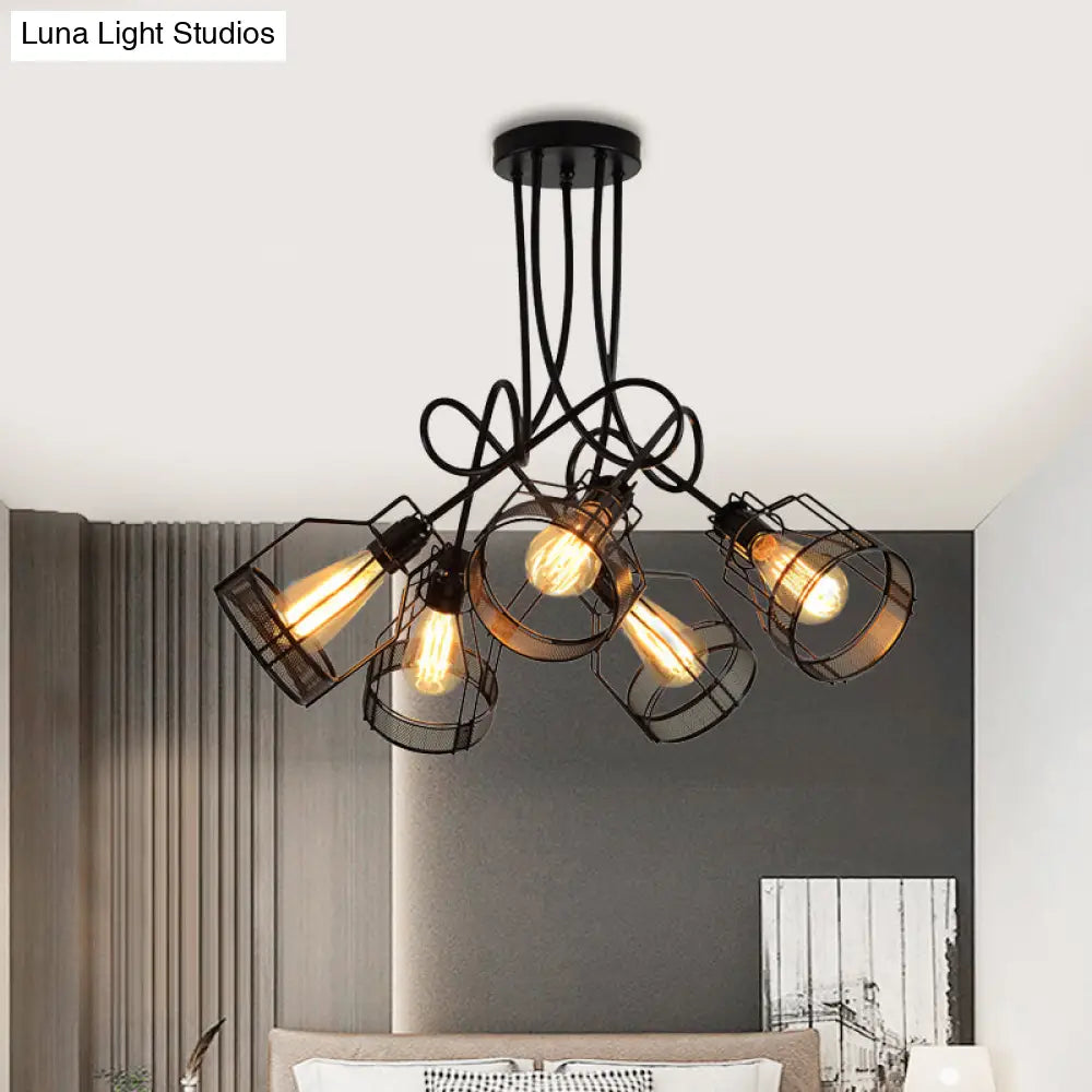 Sleek Black 5-Head Semi Flush Mount Industrial Iron Chandelier With Cluster-Bottle Frame Ceiling