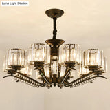 Sleek Black Cylindrical Chandelier With Tri-Sided Crystal Rods - Minimalist Hanging Light Fixture