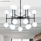 Sleek Black Finish Chandelier With Orb Shade - 18/24 Lights Metal Pendant Light