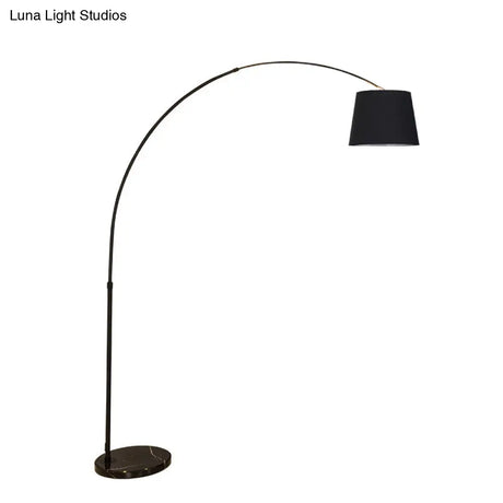 Sleek Black Floor Lamp With Fishing Rod Arm - Simplicity 1-Light Fabric Bucket Standing Light