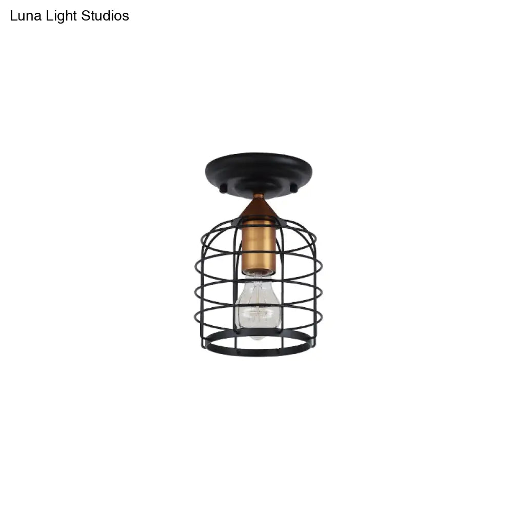 Sleek Black Industrial Metal Cylinder Semi Flush Light With Cage For Corridor - Ceiling Mounted