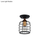 Sleek Black Industrial Metal Cylinder Semi Flush Light With Cage For Corridor - Ceiling Mounted