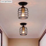 Sleek Black Industrial Metal Cylinder Semi Flush Light With Cage For Corridor - Ceiling Mounted