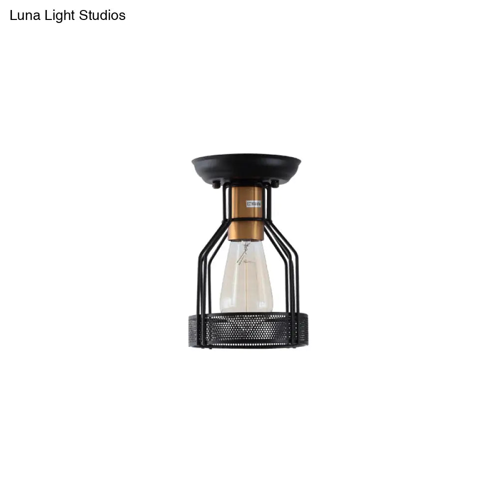 Sleek Black Metal Ceiling Light With Wire Mesh For Industrial Décor - Single Bulb Semi Flush Mount