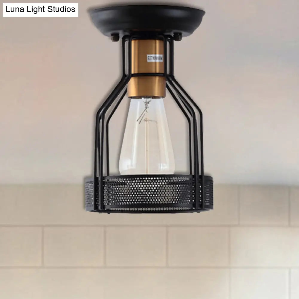 Sleek Black Metal Ceiling Light With Wire Mesh For Industrial Décor - Single Bulb Semi Flush Mount