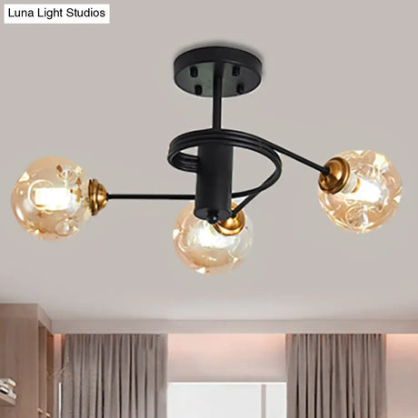 Sleek Black Modernist Semi-Flush Ceiling Light With Amber/Smoke Dimpled Glass Shades - Perfect For