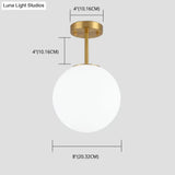 Sleek Brass Semi Flush Ceiling Light With White Glass - 1 Head Simple Style Fixture For Spherical