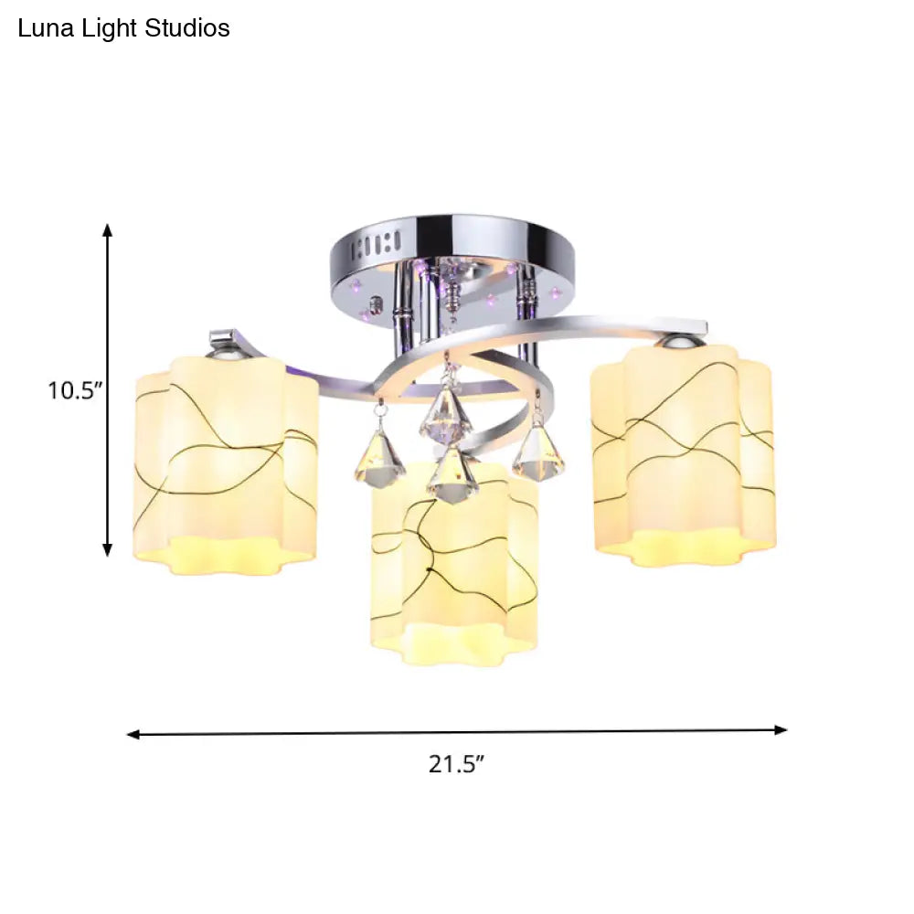 Sleek Chrome Ceiling Flush Mount With Frosted Glass Scalloped Semi Design & Crystal Drop - 3/5 Bulbs