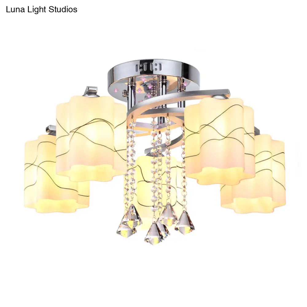 Sleek Chrome Ceiling Flush Mount With Frosted Glass Scalloped Semi Design & Crystal Drop - 3/5 Bulbs