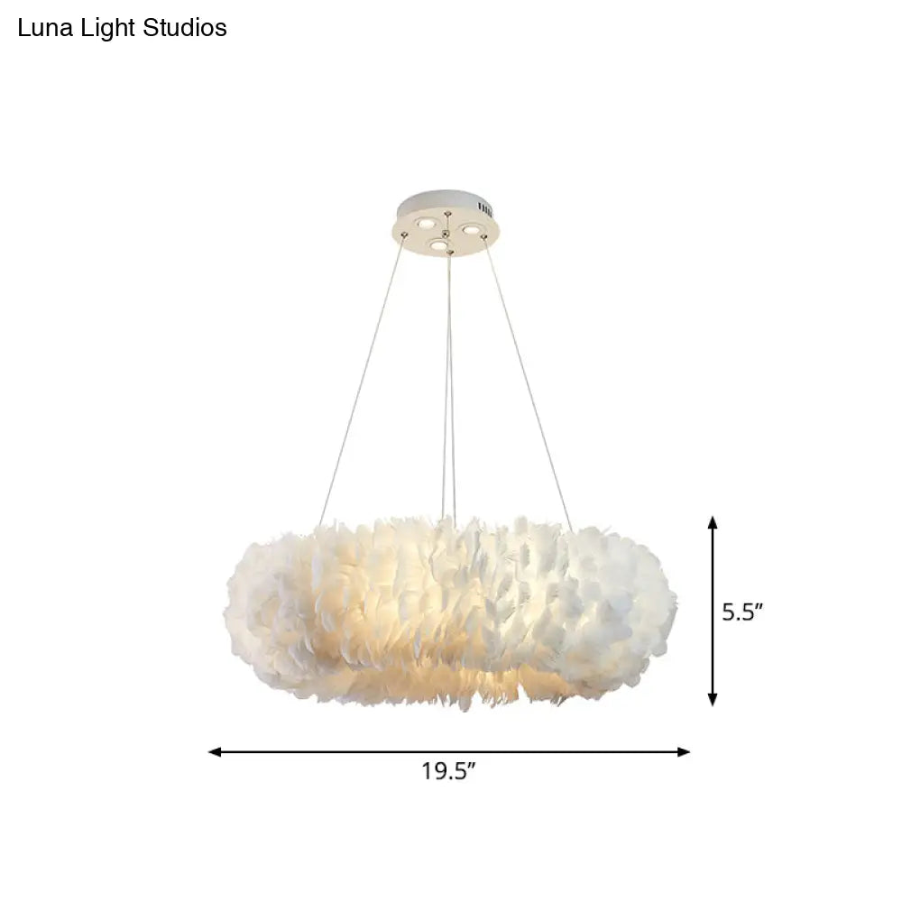 Sleek Circular Feather Suspension Pendant Light 19.5/27.5/31.5 Wide 8 Bulbs White Hanging Lamp