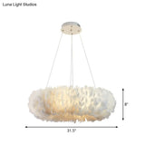 Sleek Circular Feather Suspension Pendant Light 19.5/27.5/31.5 Wide 8 Bulbs White Hanging Lamp