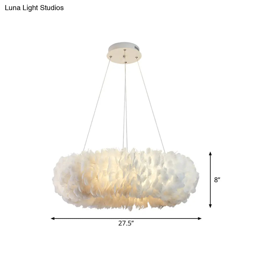 Sleek Circular Feather Suspension Pendant Light 19.5/27.5/31.5 Wide 8 Bulbs White Hanging Lamp
