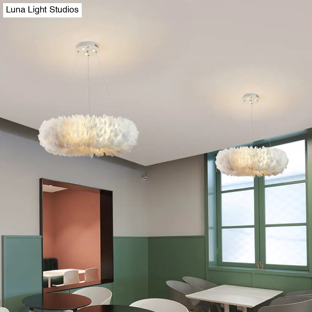 Sleek Circular Feather Suspension Pendant Light 19.5/27.5/31.5 Wide 8 Bulbs White Hanging Lamp
