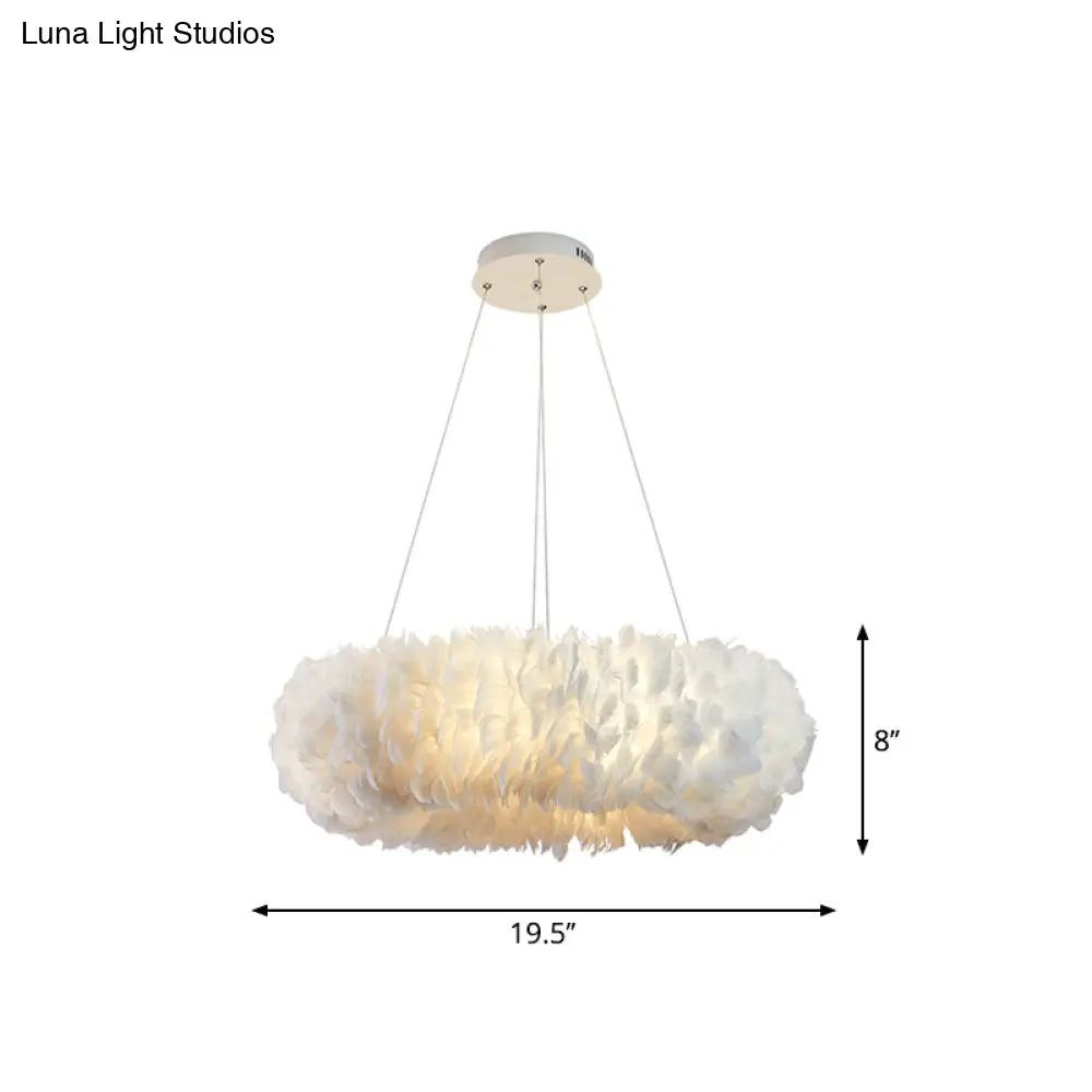 Sleek Circular Feather Suspension Pendant Light 19.5/27.5/31.5 Wide 8 Bulbs White Hanging Lamp