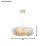 Sleek Circular Feather Suspension Pendant Light 19.5/27.5/31.5 Wide 8 Bulbs White Hanging Lamp