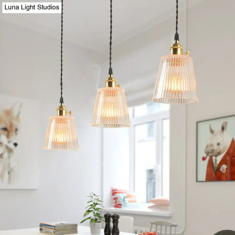 Sleek Clear Ribbed Glass Hanging Light - Simplicity 1-Bulb Pendant Fixture For Restaurants