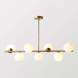 Sleek Cream Glass Spherical Dining Room Pendant Light With 7 Gold Heads - Postmodern Island Lamp