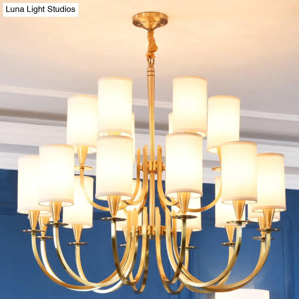 Sleek Cylinder Fabric Chandelier In Brass - Minimalist Living Room Pendant Fixture