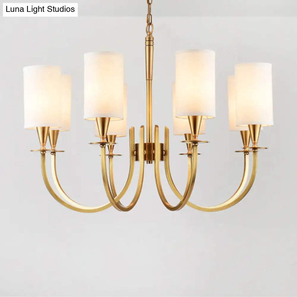 Sleek Cylinder Fabric Chandelier In Brass - Minimalist Living Room Pendant Fixture