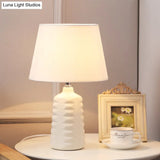 Sleek Fabric Cone Nightstand Lamp With White Ceramic Base - Perfect For Living Room Tables
