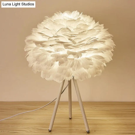 Sleek Feathered Bedside Lamp: Minimalistic Spherical Night Light With Tripod