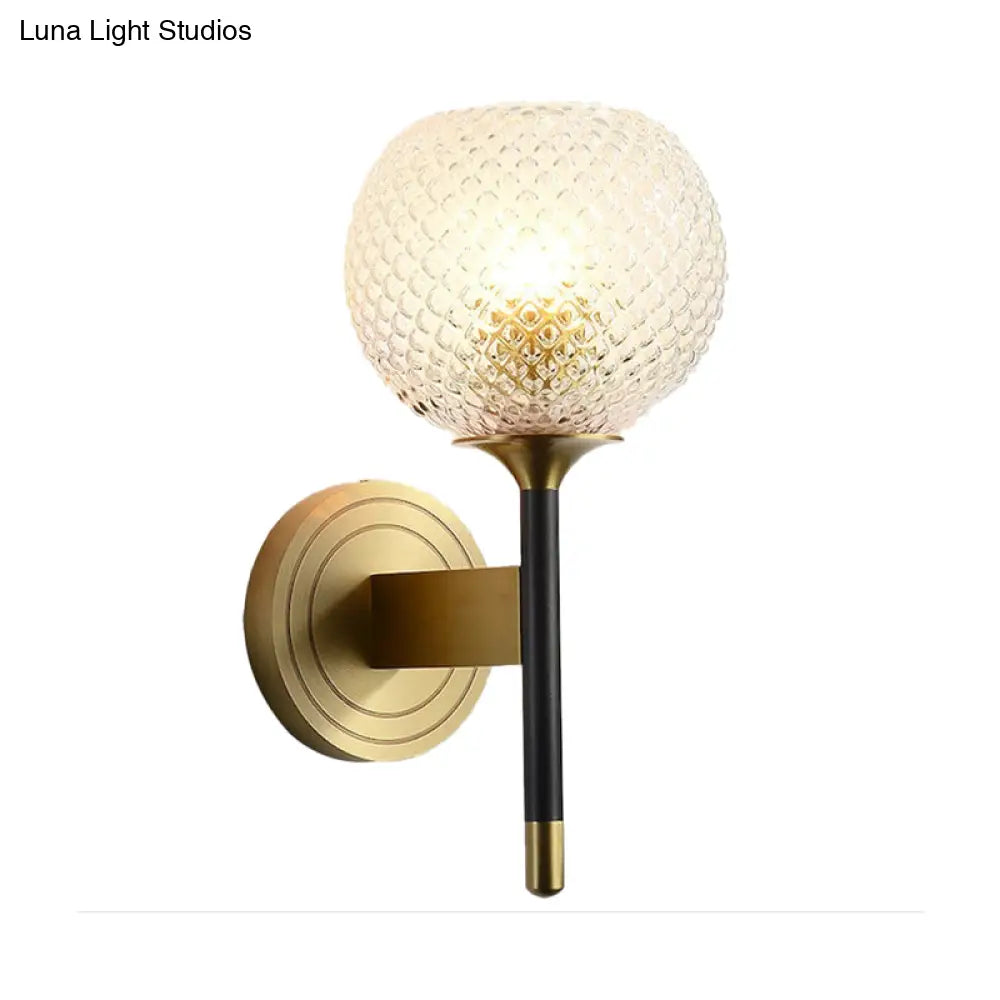 Sleek Glass Globe Wall Sconce: Ribbed Simplicity Brass Finish Mounted Light Fixture