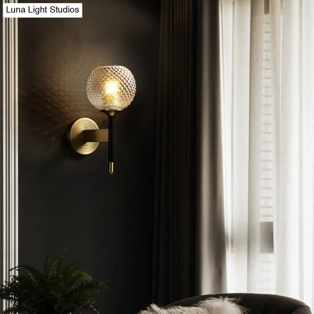 Sleek Glass Globe Wall Sconce: Ribbed Simplicity Brass Finish Mounted Light Fixture