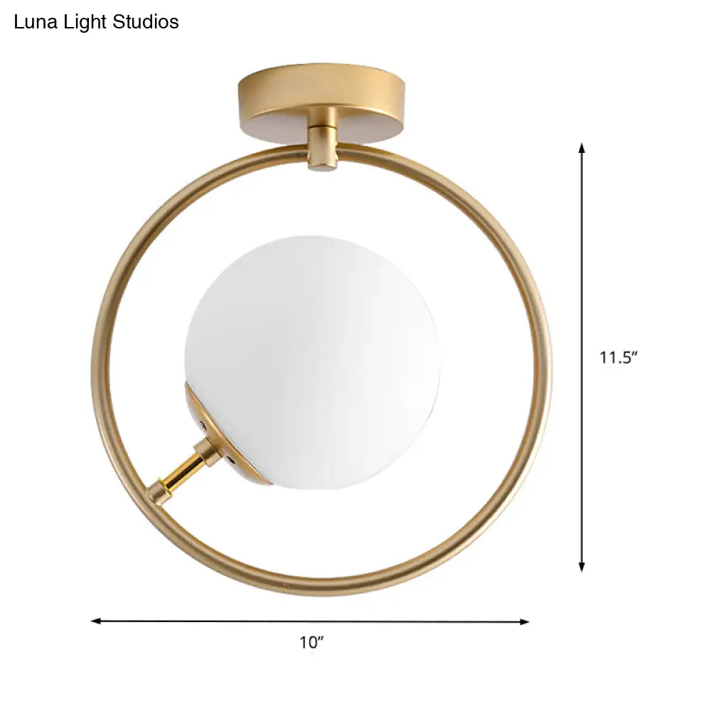 Sleek Gold Ball Semi Flush Light In Modern White/Yellow Glass – 1-Light Fixture With Iron Ring