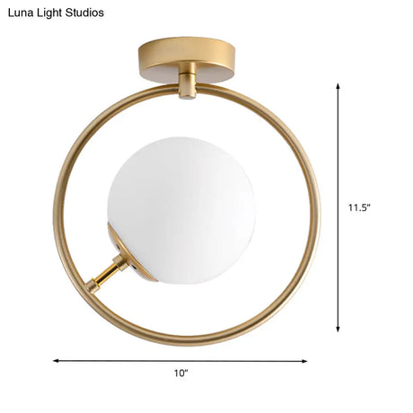 Sleek Gold Ball Semi Flush Light In Modern White/Yellow Glass – 1-Light Fixture With Iron Ring