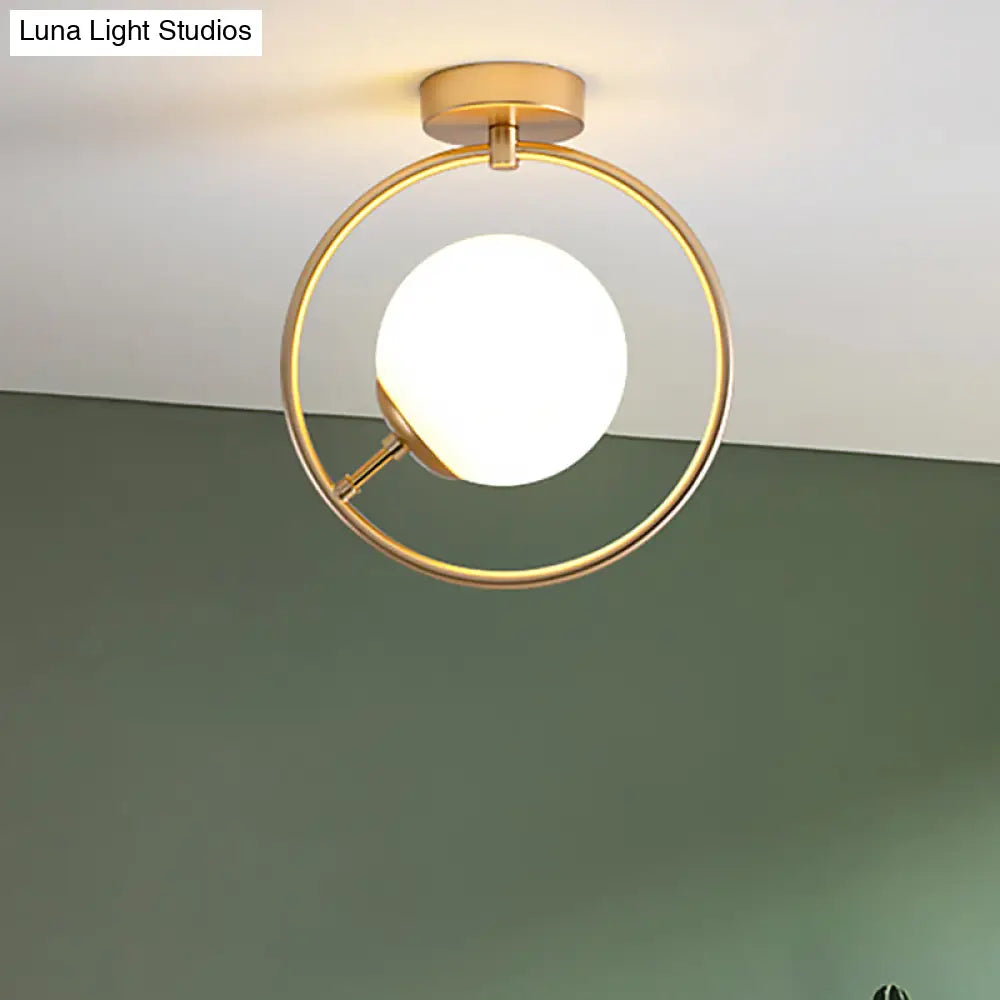 Sleek Gold Ball Semi Flush Light In Modern White/Yellow Glass – 1-Light Fixture With Iron Ring