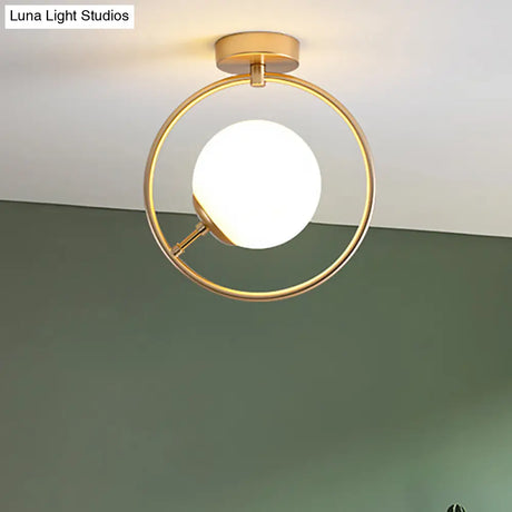 Sleek Gold Ball Semi Flush Light In Modern White/Yellow Glass – 1-Light Fixture With Iron Ring