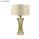 Sleek Green Metal Drum Table Lamp For Bedroom Nightstand - Simple Fabric Shade 1-Bulb Night Lighting