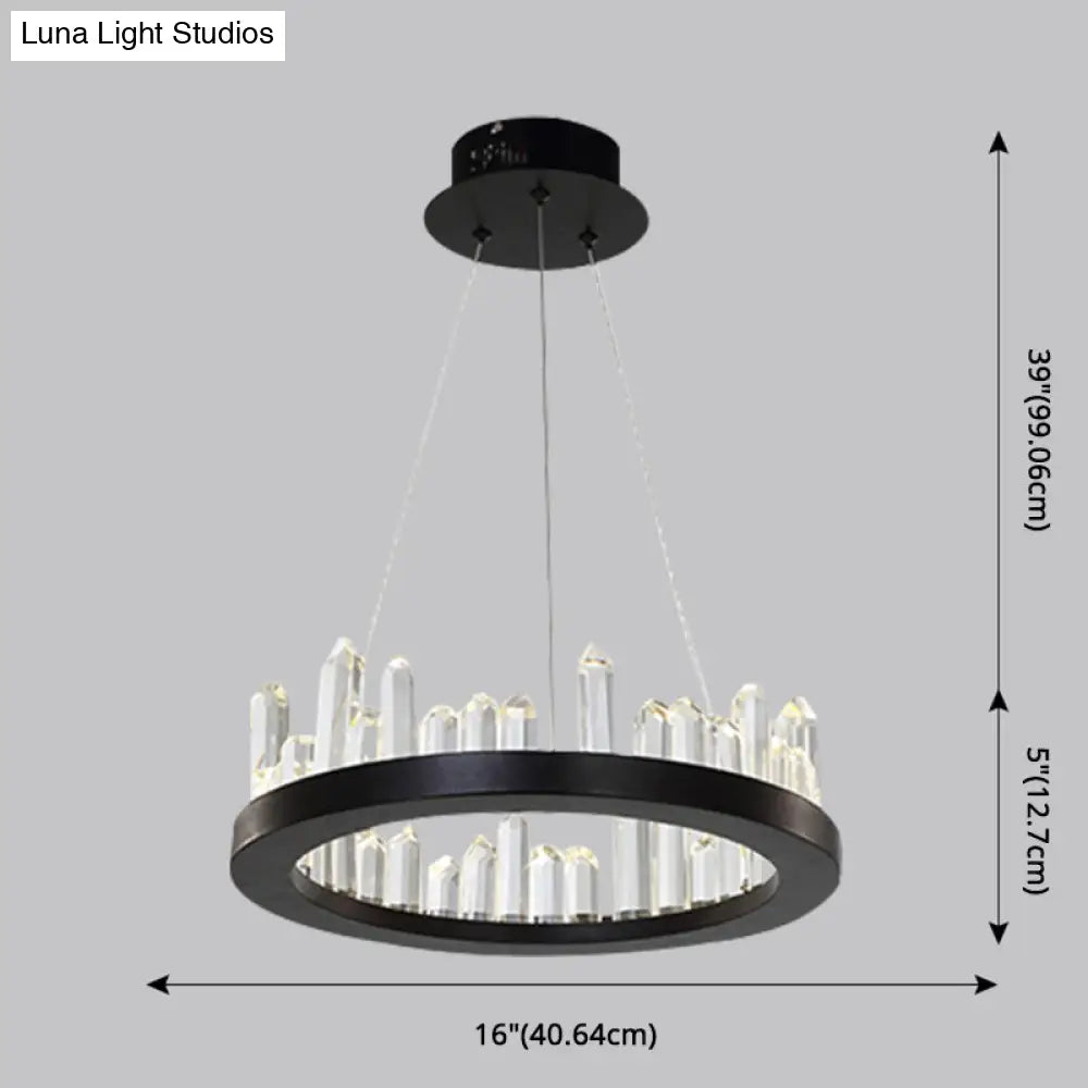 Sleek Led Ring Chandelier Crystal Pendant Light For Modern Living Rooms - Black