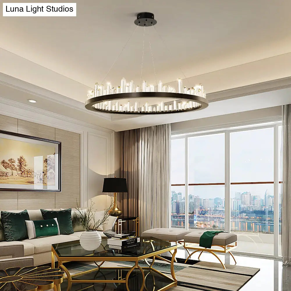 Sleek Led Ring Chandelier Crystal Pendant Light For Modern Living Rooms - Black