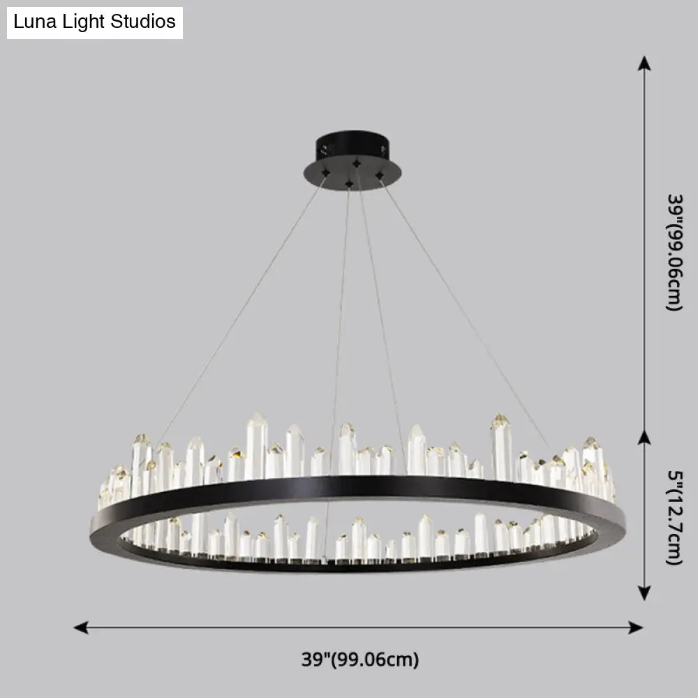 Sleek Led Ring Chandelier Crystal Pendant Light For Modern Living Rooms - Black