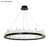 Sleek Led Ring Chandelier Crystal Pendant Light For Modern Living Rooms - Black