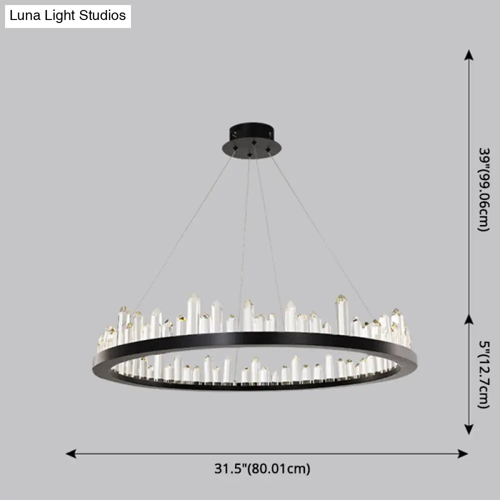Sleek Led Ring Chandelier Crystal Pendant Light For Modern Living Rooms - Black