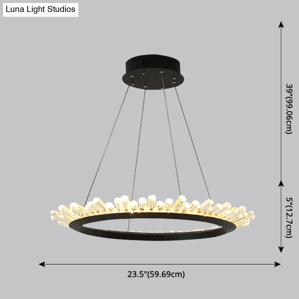 Sleek Led Ring Chandelier Crystal Pendant Light For Modern Living Rooms - Black