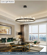 Sleek Led Ring Chandelier Crystal Pendant Light For Modern Living Rooms - Black
