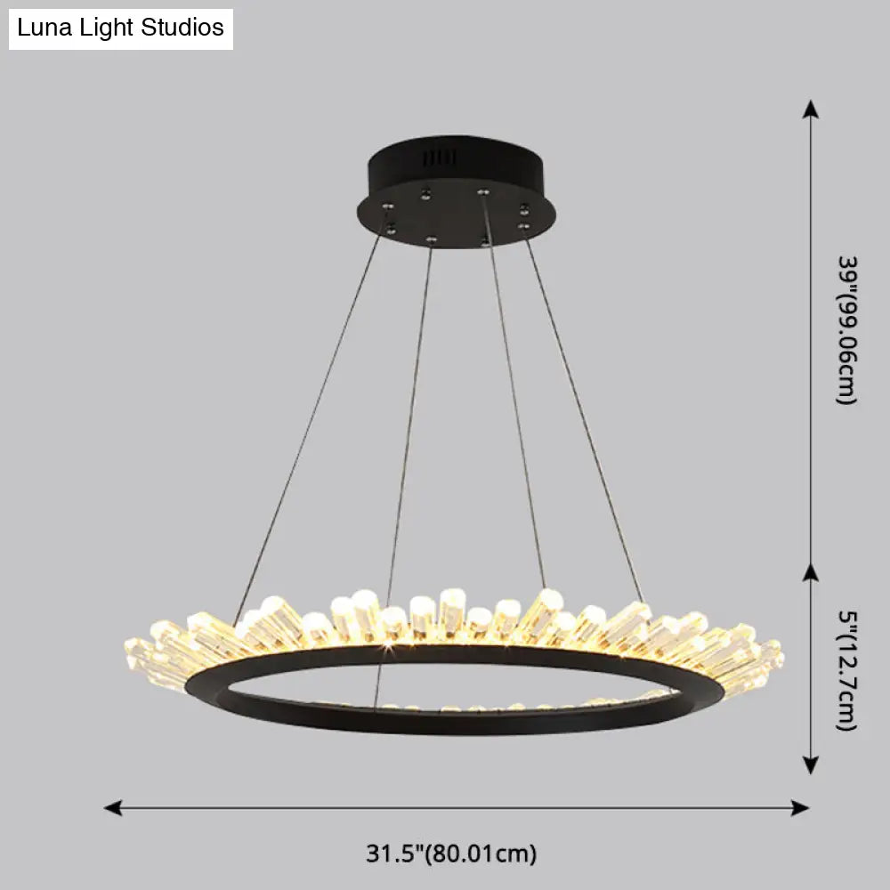 Sleek Led Ring Chandelier Crystal Pendant Light For Modern Living Rooms - Black