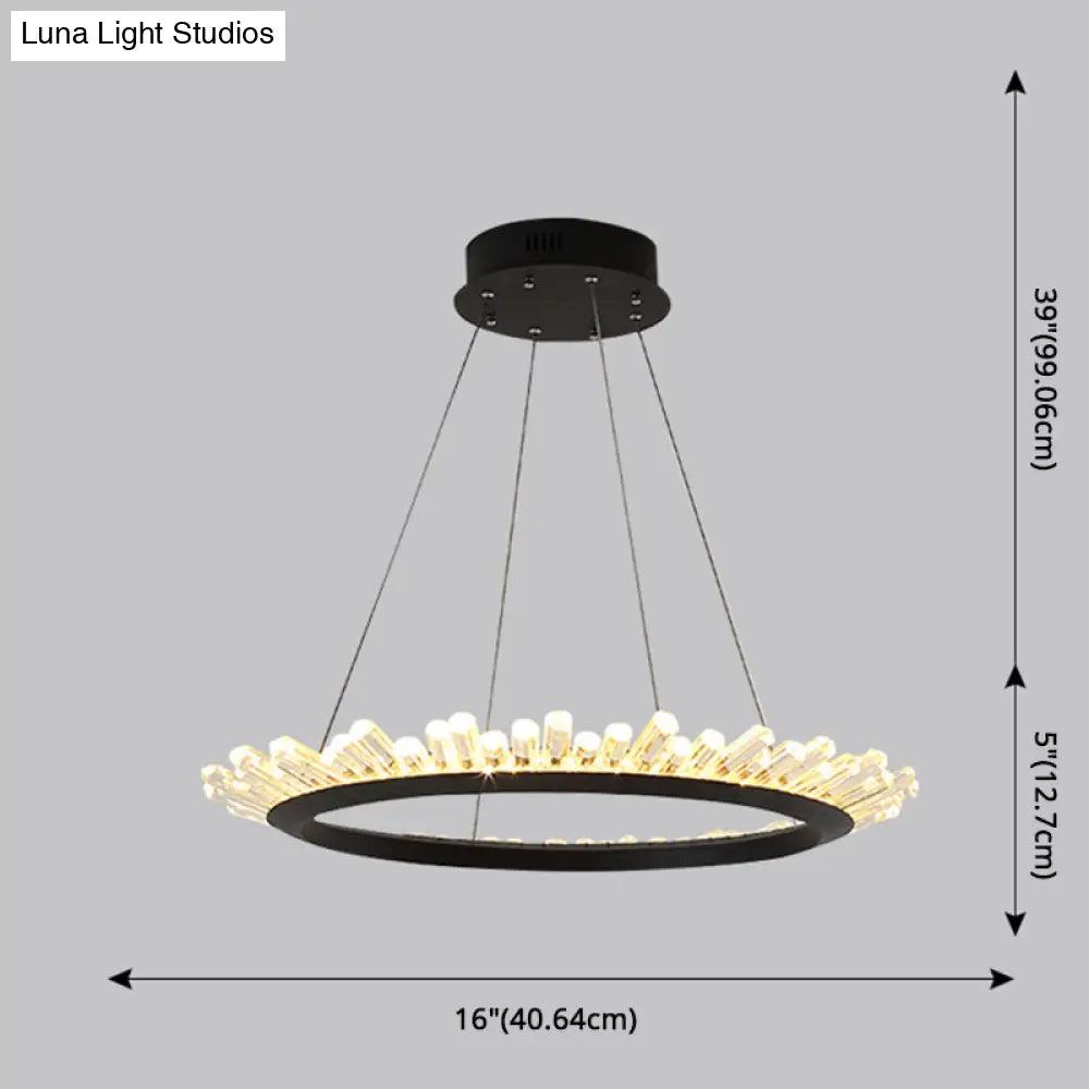Sleek Led Ring Chandelier Crystal Pendant Light For Modern Living Rooms - Black