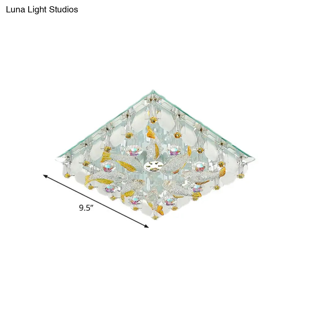 Sleek Led Square Flush Mount Crystal Ceiling Light For Balcony - Clear & Stylish