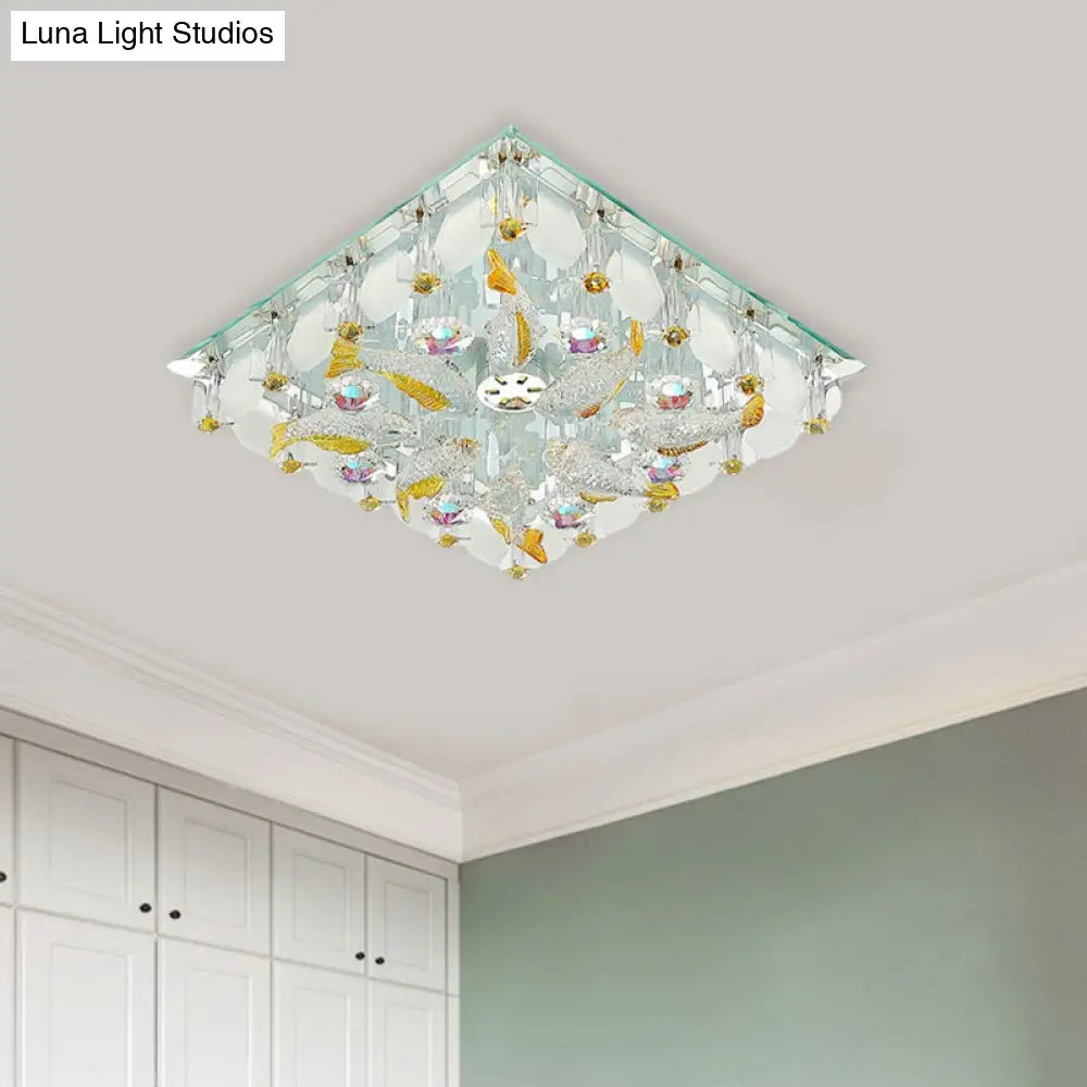 Sleek Led Square Flush Mount Crystal Ceiling Light For Balcony - Clear & Stylish