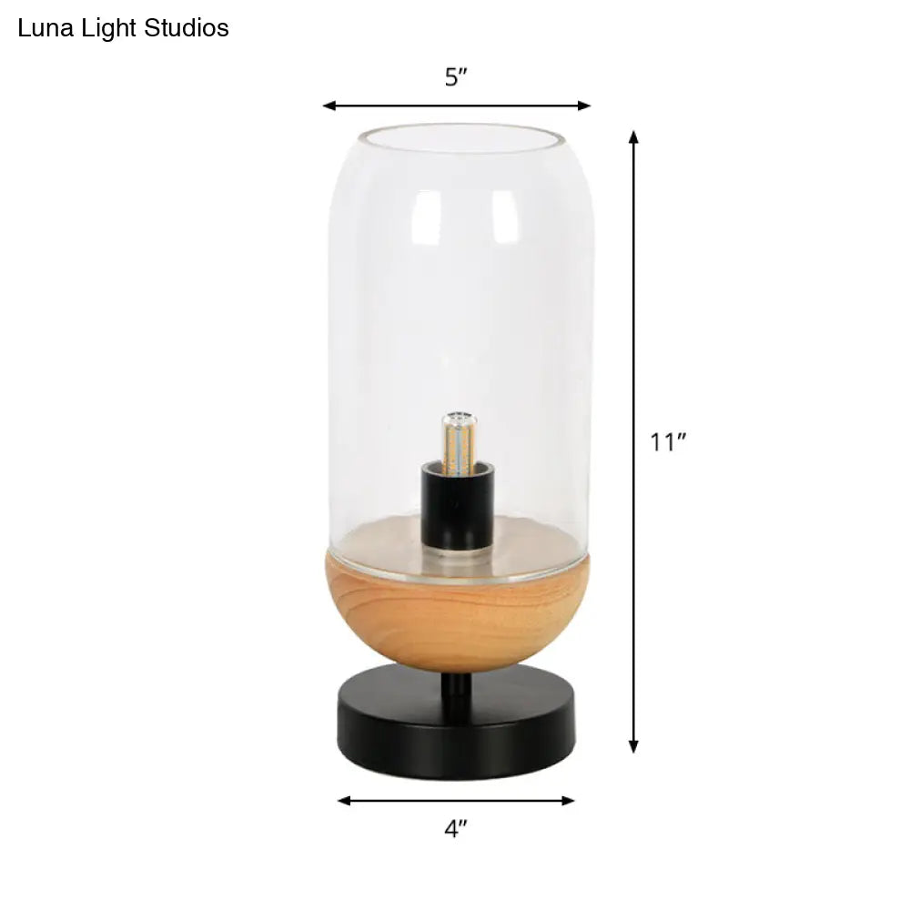 Sleek Led Table Lamp: Modern Black & Wood Cylinder Design With Clear Glass Shade