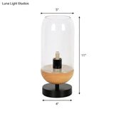 Sleek Led Table Lamp: Modern Black & Wood Cylinder Design With Clear Glass Shade