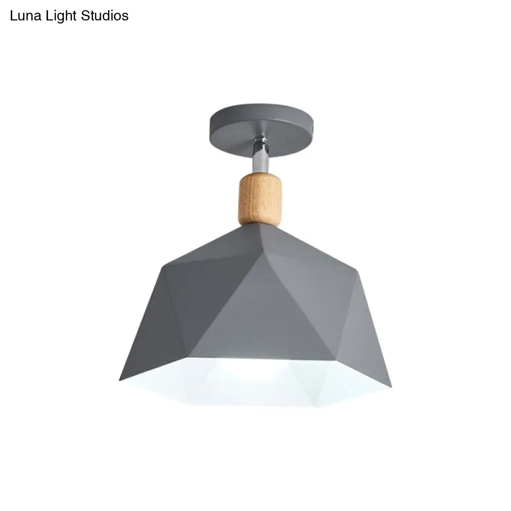 Sleek Macaron Rotating Ceiling Lamp With Wood Accent - Polygon Corridor Semi Flush Light Metallic 1